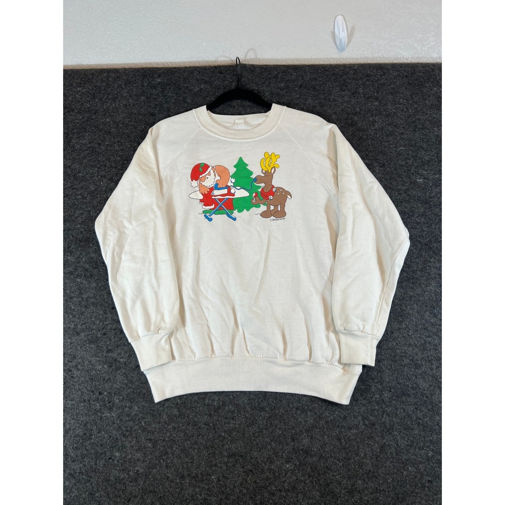 Vintage 80s Jim Benton Christmas Reindeer Santa Sweatshirt White Xmas Winter